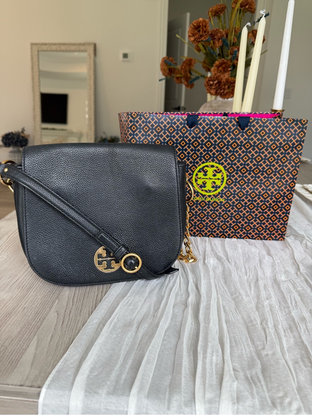 Tory Burch Everly Black Pebbled Leather Flap Saddle Bag